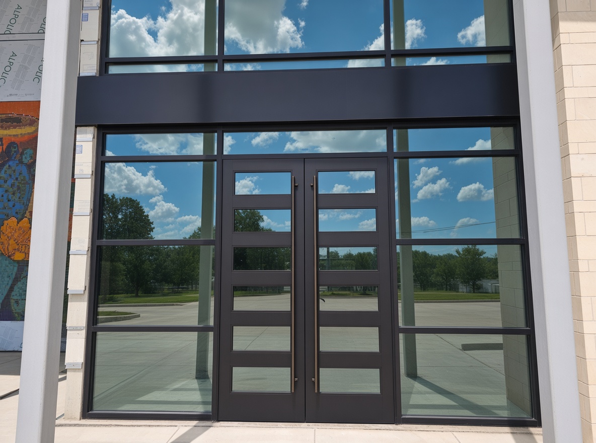 Dark aluminum entrance doors with transom and sidelite glazing