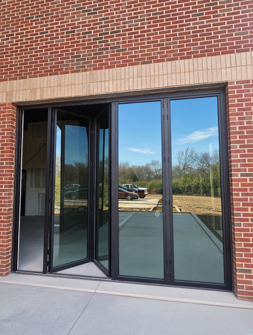 Bifolding glass door system set into a brick commercial facade