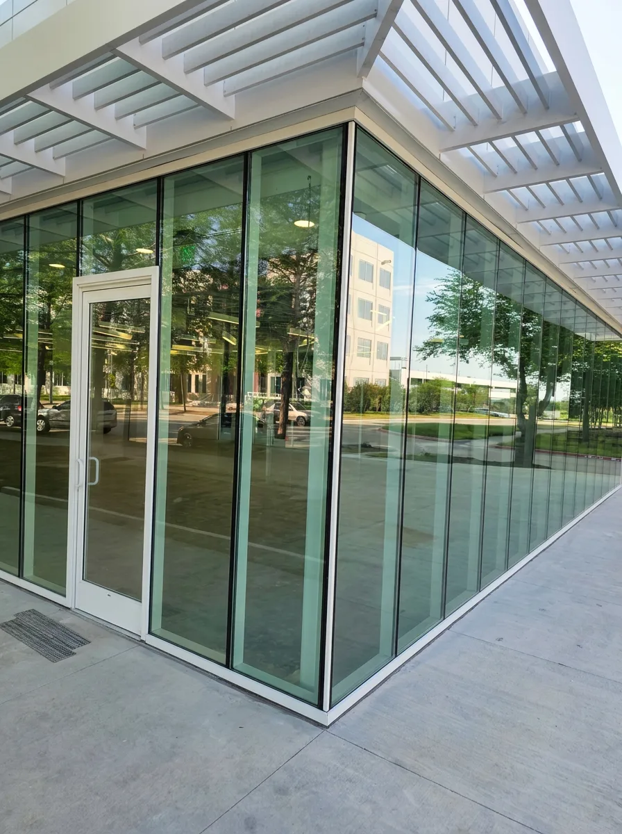 Corner glass storefront with white aluminum framing and louvered canopy