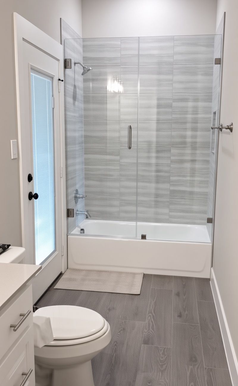 Frameless glass shower and tub enclosure with brushed nickel hardware