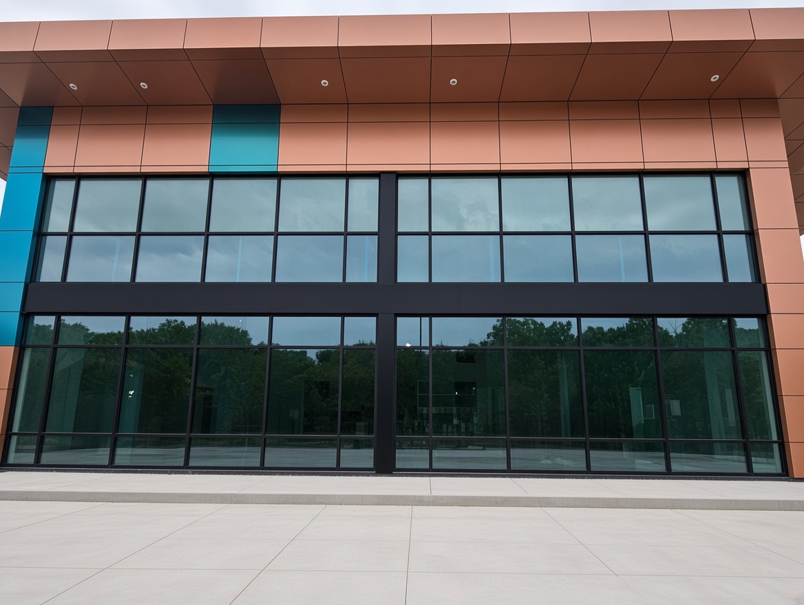 Two-story commercial curtain wall with dark aluminum framing