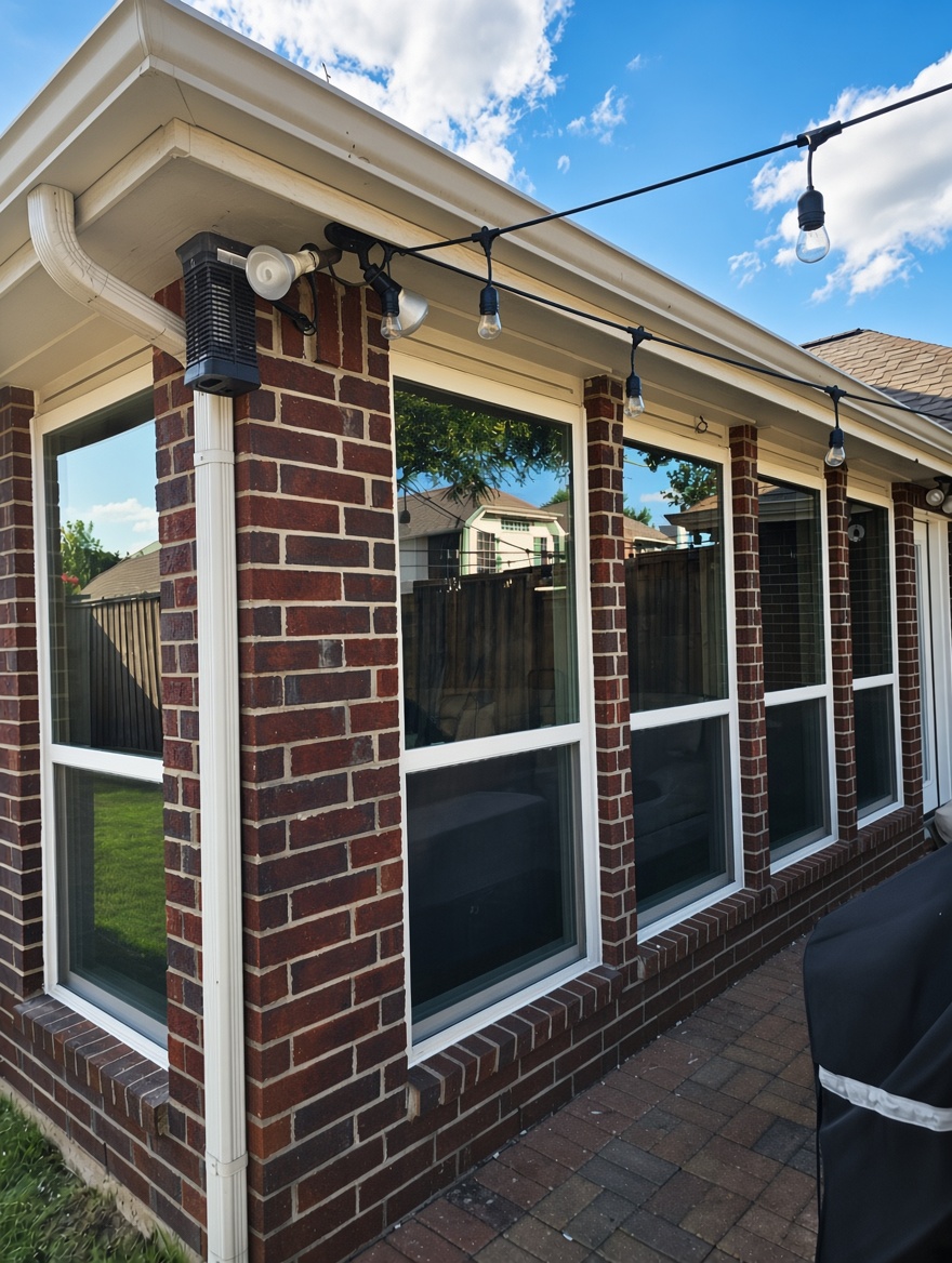 New white-framed residential windows along a brick home exterior