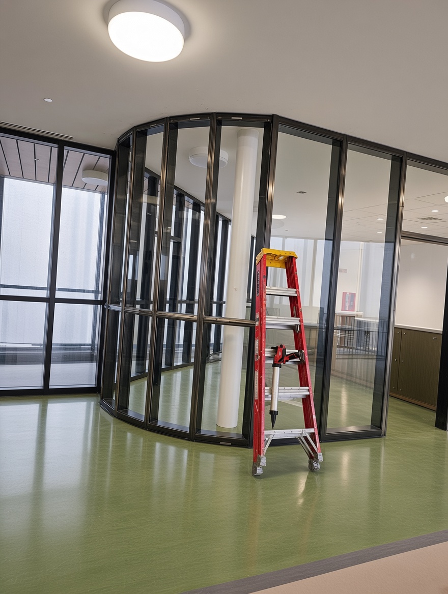 Curved black-framed glass office partition installed in a corridor
