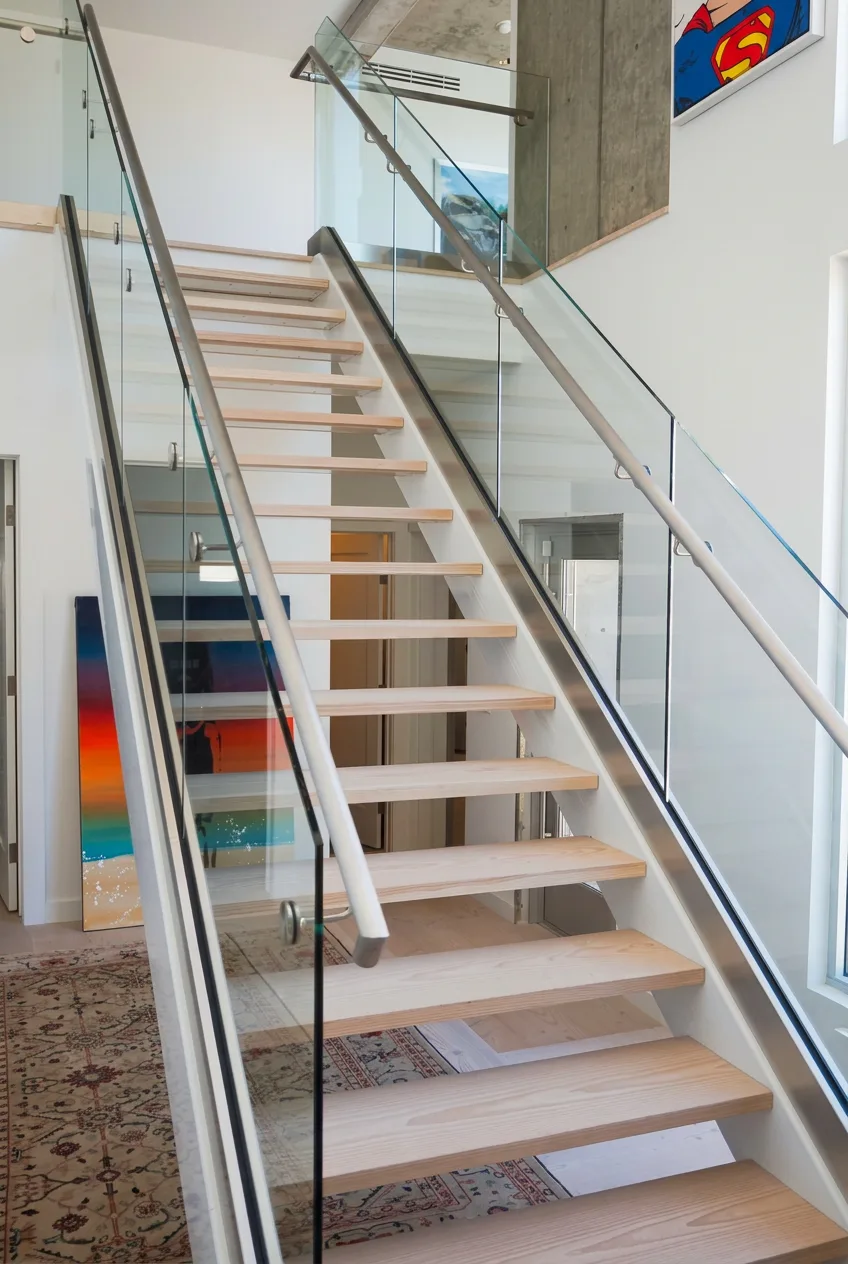 Floating wood staircase with frameless glass railing and metal handrail