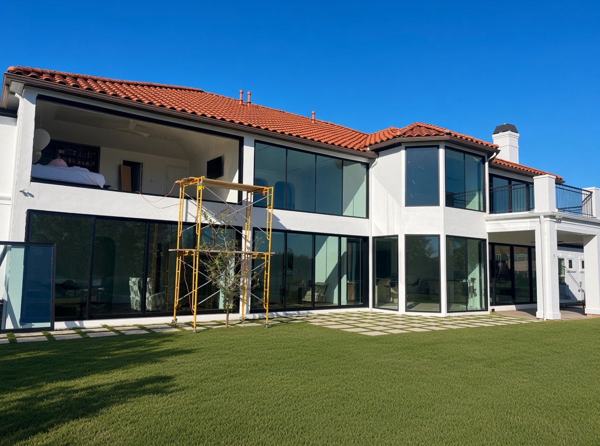 Black-framed floor-to-ceiling window walls on a modern DFW home