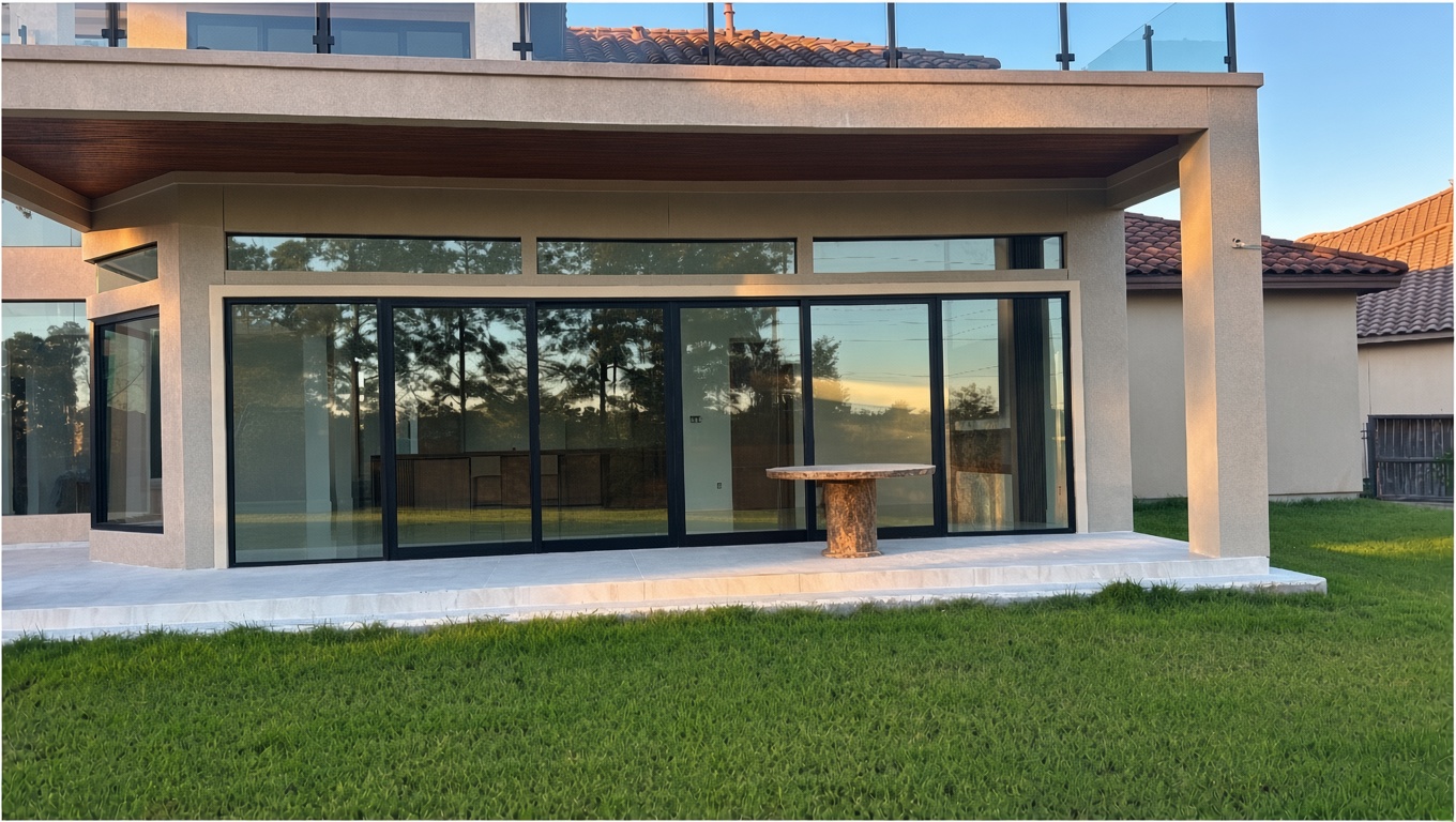 Multi-panel sliding patio door system opening to a covered patio