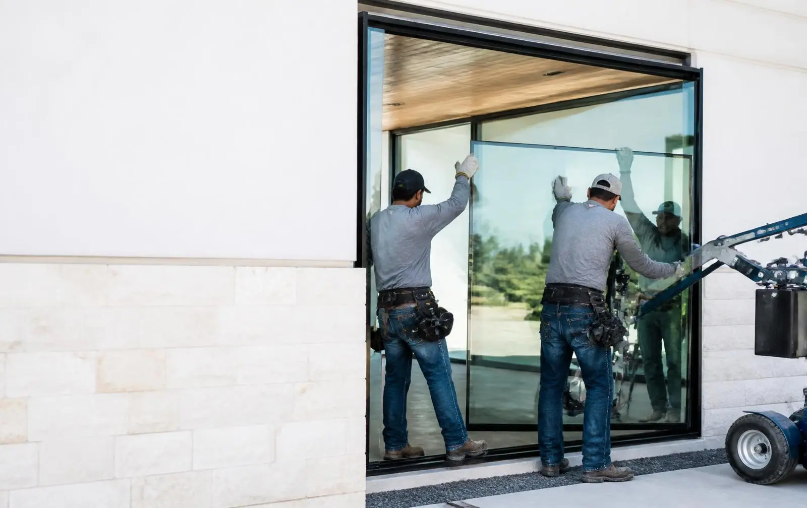 ProLine glaziers setting a large glass panel into a new home opening